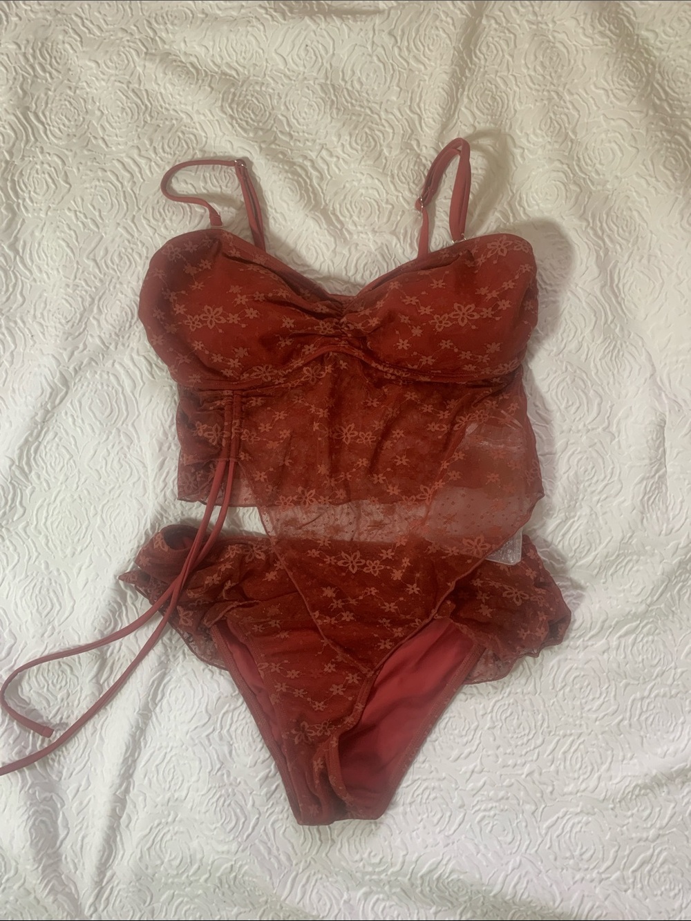 NWT SAMIOL Rust Red Floral Mesh Bikini Set, Size L